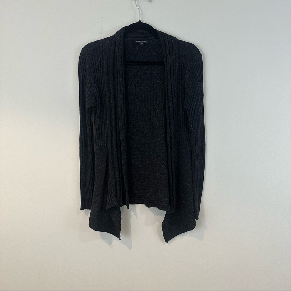 Eileen Fisher Dark Gray Open Front Knit Cardigan Size Small Cotton Linen Women's